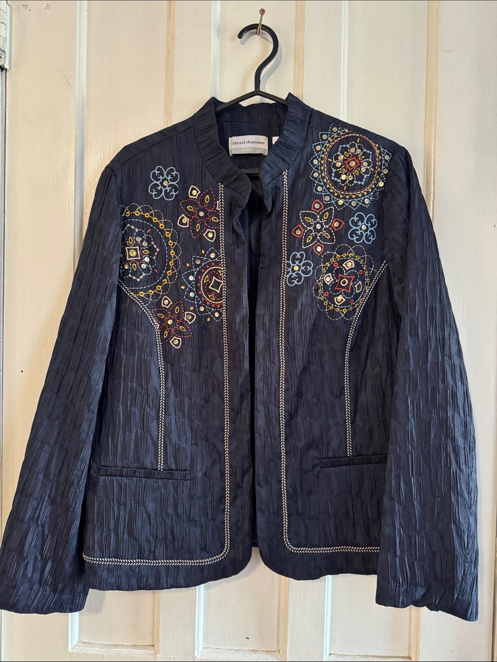 Alfred Dunner Navy Embroidered Open-Front Blazer